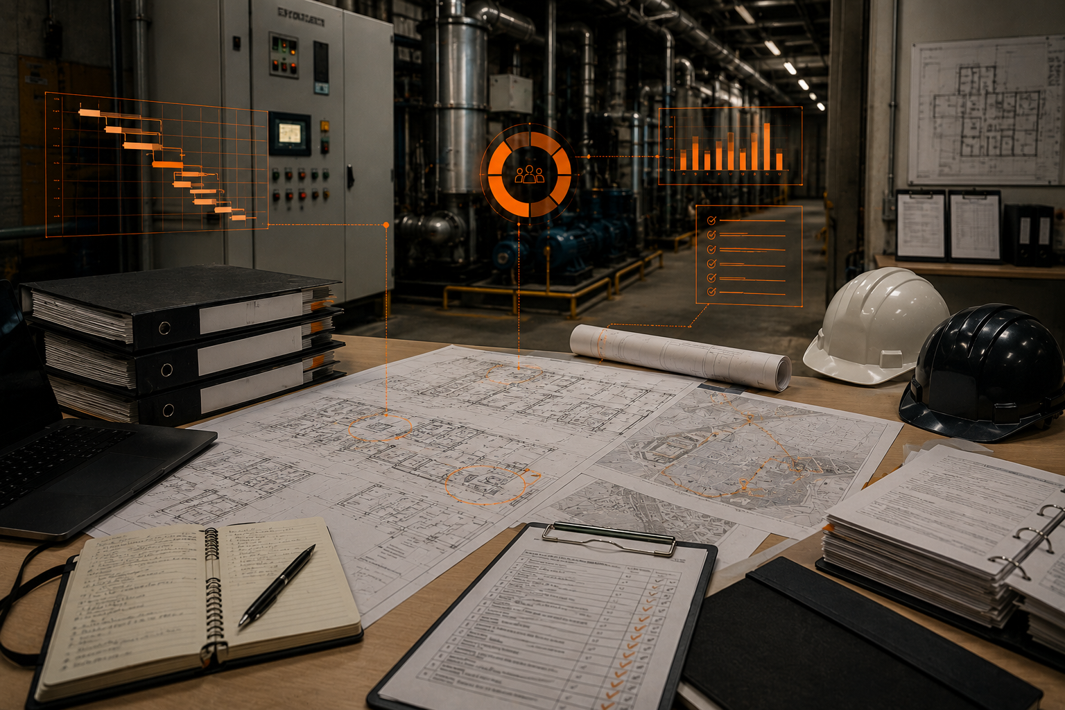 FM contractor mobilisation room with asset register documents