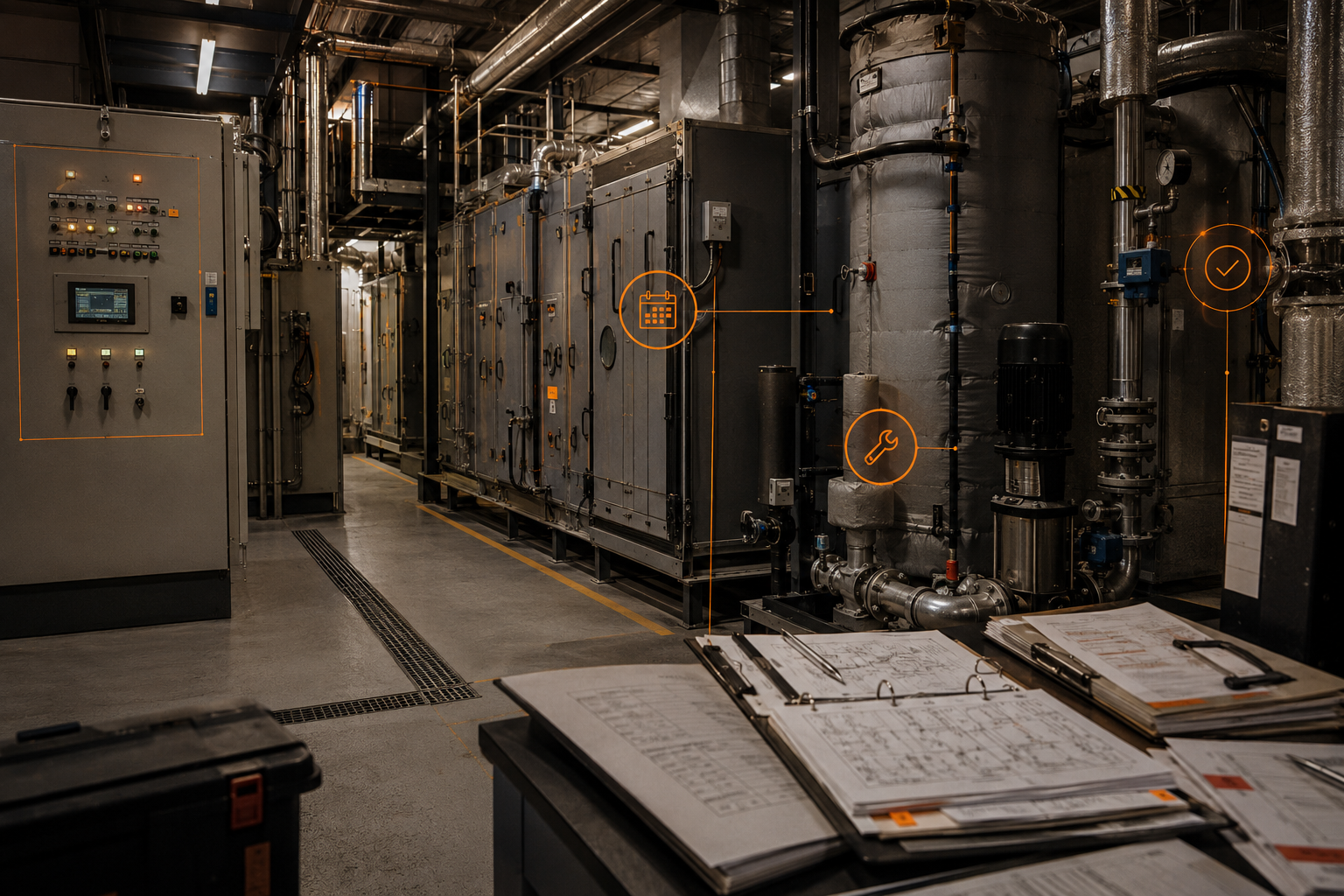 Healthcare estate plant room with statutory maintenance context